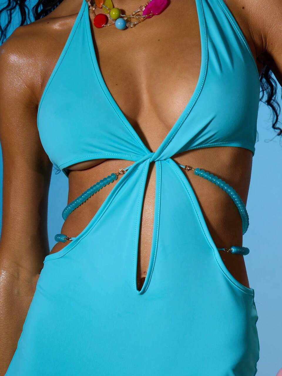 Aqua Blue Summer 70s Party Holiday Deep V Strappy Halterneck Extreme Cut Out Front Beaded Chain Open Back Fitted Playsuit Romper Unitard Ibiza