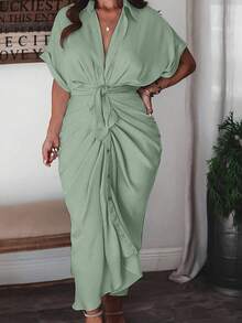 Vionelle Plus Size Solid Color Pleat Hem Shirt Dress Maxi Women Outfit Nice Dresses For Ladies Events Resort Wear Women Vacation Dress Women's Dresses Formal Wear Latest Dress - Olive Green - View 1