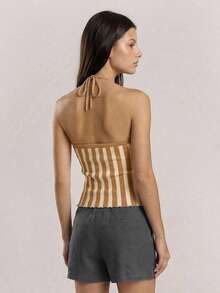 Muvela New Khaki Striped Adjustable Beaded Tie-Up Neck Knit Top, Elegant Urban Commuter Wear For Women, Spring/Summer - Coffee Brown - View 2