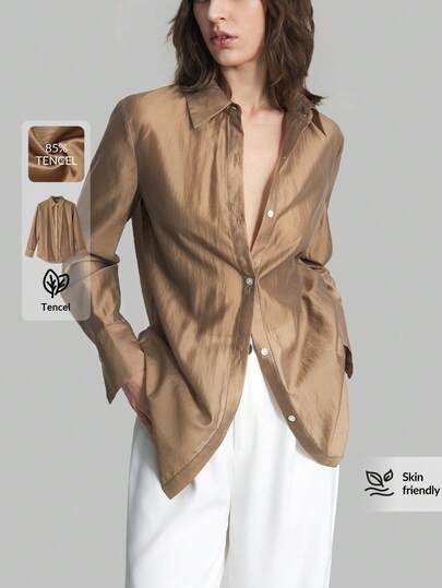 Ontre Áo sơ mi nữ màu nâu trơn, dáng rộng, tay dài, cổ bẻ, kiểu dáng thanh lịch, phù hợp cho công sở, trường học, kỳ nghỉ, thời trang đa năng.