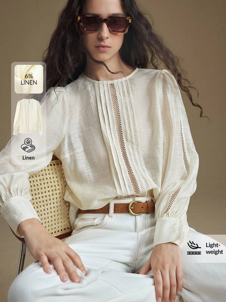 2026SS Vacation Style, Elegant, Bohemian, Apricot Color, Containing Acetate Tencel Linen Material, Hollow Embroidery, Women's Blouse, Round Neck, Long Sleeve, Loose Fit, Casual Wear, Summer Clothing, New Arrival 2025