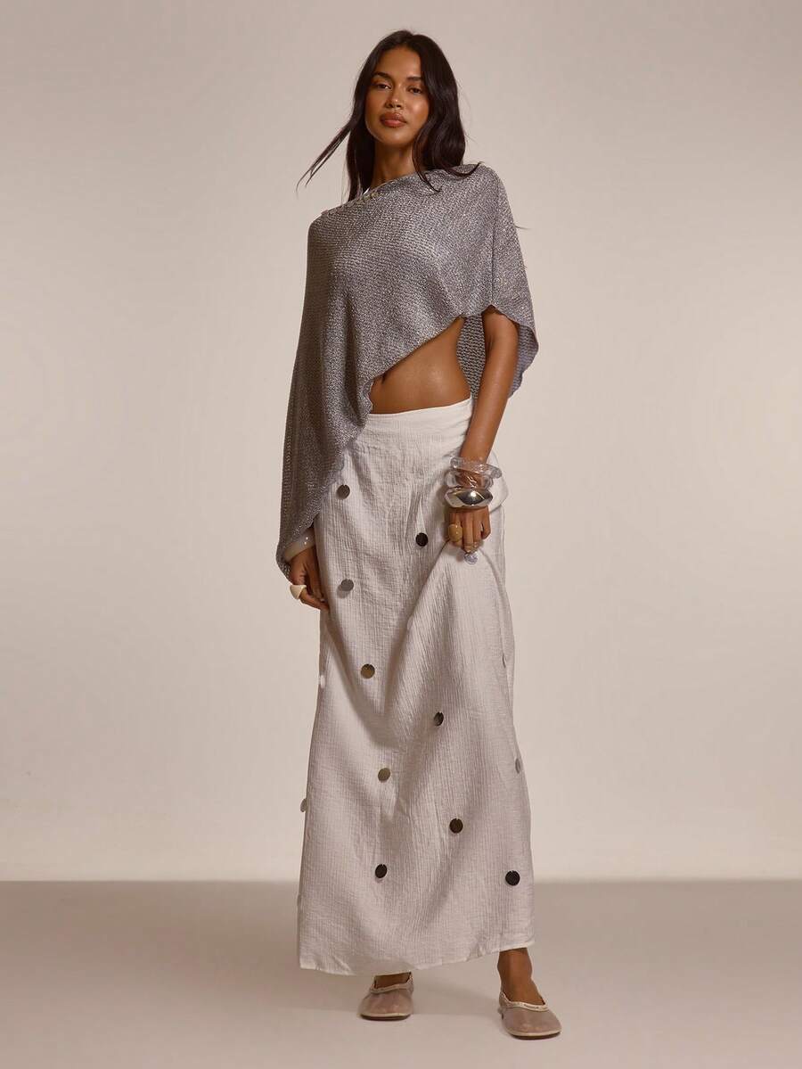 MUSERA 亮片装饰宽松及地长裙，可爱春夏性感外出海滩度假蜜月装 - 白色 - 查看 1