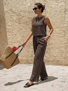 SHEIN Frenchy Women's Striped Print Camisole And Pants Casual 2 Pieces Set - Brown - View 7