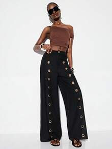 GENKIRA 黑色高腰宽松阔腿及地长裤，前部金属孔眼设计，朋克休闲百搭款 - 黑色 - 查看 6