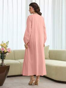 Yasmyna Embroidered Lace Patchwork Front Striped Yellow Cotton Tunic - Pink - View 5