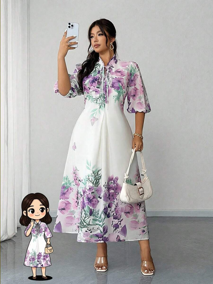 Elenzga Đầm maxi dài tay in hoa cổ tàu dành cho nữ cỡ lớn, thích hợp cho kỳ nghỉ, tiệc tùng và hẹn hò. - Màu tím - Xem 1