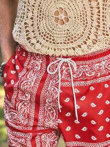 Open Phase Men's Holiday Beach Paisley Printed Drawstring Waist Shorts - Red - View 6
