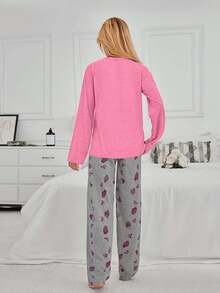 EURMUSE 100% Cotton 2Pcs  Contrast Colour Heart Printed PJ Set - Pink - View 2