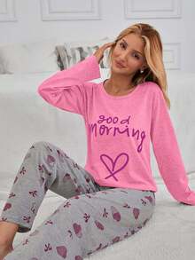 EURMUSE 100% Cotton 2Pcs  Contrast Colour Heart Printed PJ Set - Pink - View 4
