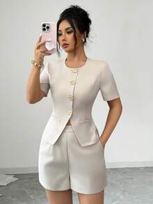 女士商务办公夏季套装、新款嘉年华服装、海滩度假套装、优雅派对套装、夏季度假套装、女士休闲套装、奢华派对聚会套装、浪漫金属扣卡其色两件套 - 卡其色 - 查看 4