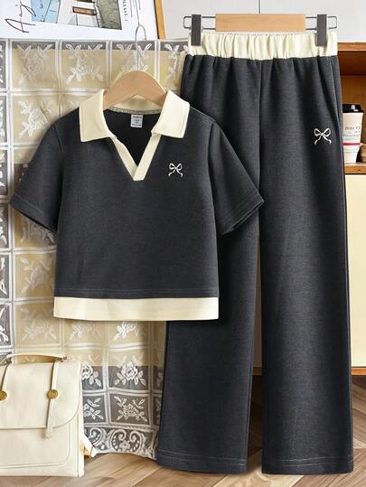 Set de 2 piezas con blusa con cuello y decoración de lazo con estampado + pantalones rectos informales para niña
