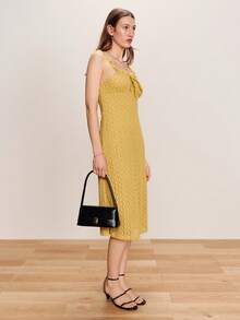 lacRébo Yellow Floral Textured Fitted Midi Dress With Ruffle Neckline And Straps Spring Summer Vacation Dress French Style Dress - Yellow - View 3