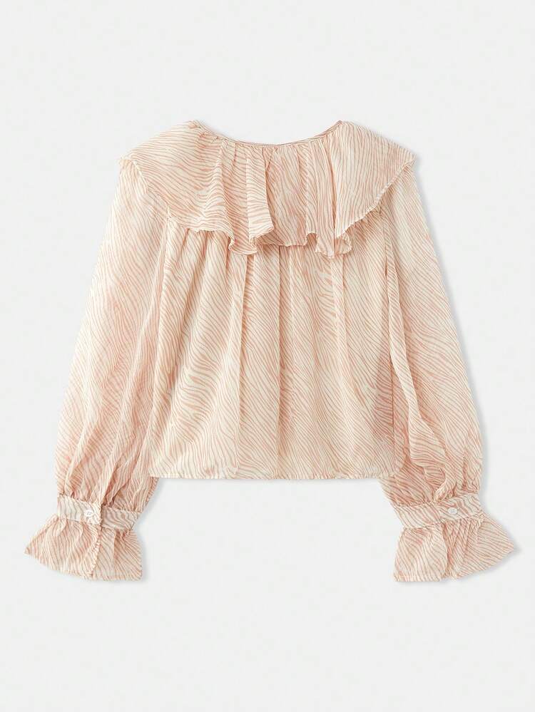 Feminine Pink Zebra Ruffle Top With Flared Long Sleeves