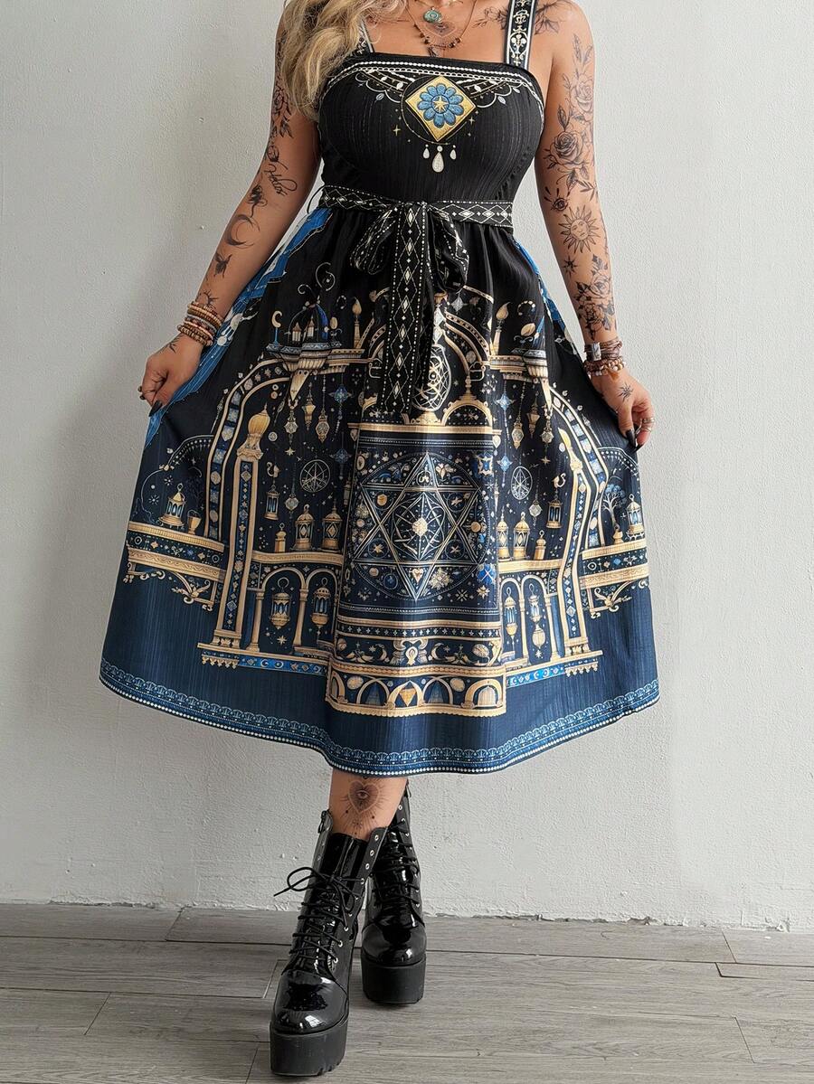 SHEIN Whyspr 大码复古波西米亚印花连衣裙，深色系 - 彩色 - 查看 1