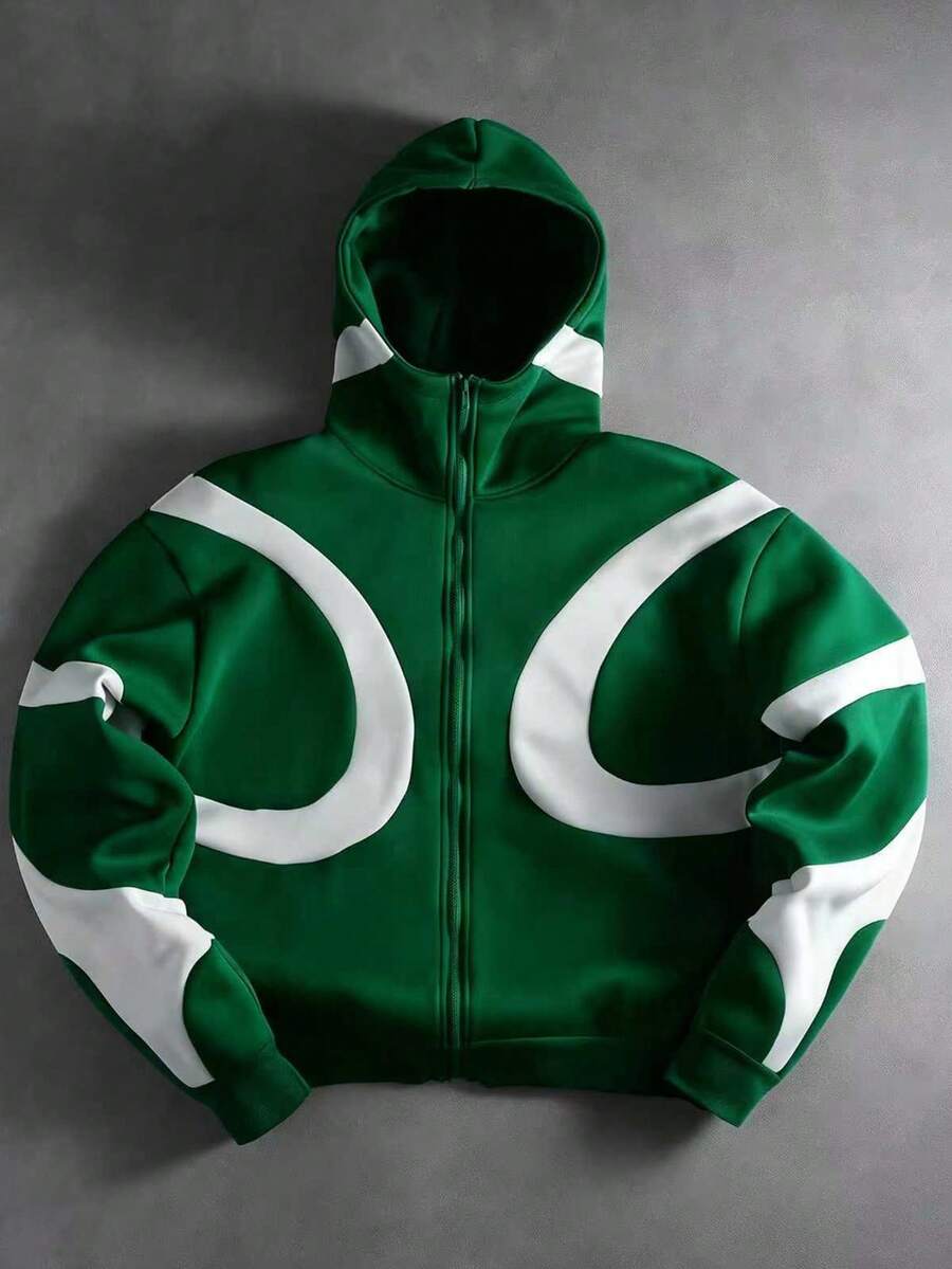 Manfinity Roghcode Men's Street Style Patchwork Zip-Up Hoodie,Streetwear,Friends,Matching,Baggy,For Men,Graphic,Japanese Style,Unisex,I Love My Girlfriend - Dark Green - View 1