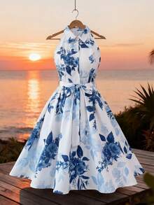 SHEIN Elenzya 无袖碎花收腰A字优雅浪漫女装 - 彩色 - 查看 4