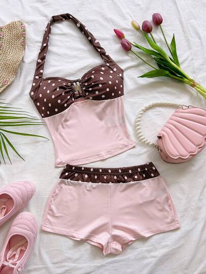 Soleia Conjunto casual de 2 piezas de top halter con pliegues y estampado de lunares y shorts