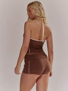 MUSERA 撞色滚边印花露背上衣和超短裤套装，春夏可爱少女风，适合度假、海滩、日常休闲穿着。 - 彩色 - 查看 2