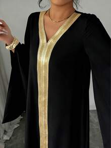 Elenzga Elegantes Damen Patchwork Schleifenkleid mit V-Ausschnitt und weitem Schnitt - Schwarz - Übersicht 3