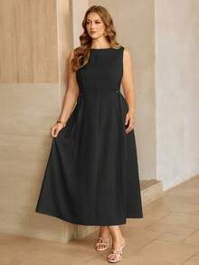 Roveilla Plus Size Women's Solid Color Boat Neck Sleeveless Maxi Dress With Waist Belt, Elegant French Retro Style For Office Evening Formal, Business, Casual, Beach, Party, , Spring/Summer Sleeveless Dress Elegant Plus Size Dress Black Curve Dresses Plain Plus Size Dresses Zanea Dress For Woman Ladies Dresses Zanzea Dress For Women Plus Size - Black - View 4