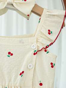 女婴樱桃印花荷叶边下摆休闲连衣裙，夏季 - 杏色 - 查看 9