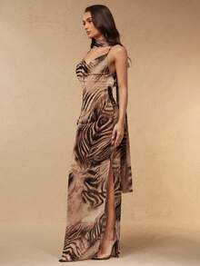 Silquee Summer Elegant Brown Beige Wood Grain Print Chiffon Maxi Dress,Seductive Backless Halter Neck Tie-Waist Fishtail Party Night Wedding Guest Dress - Multicolor - View 7