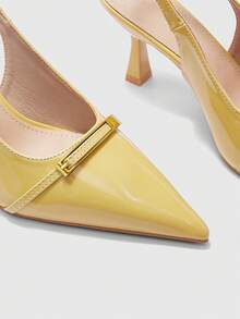CUCCOO BIZCHIC Minimal Elegant Slingback Heels Metal Accent Pointed Toe Glossy Style Shoes - Light yellow - View 5