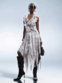 GENKIRA Đầm không tay cổ chữ V xếp nếp kiểu Avant-Garde với vạt bất đối xứng, chất liệu nhăn ánh kim màu xám mây, phong cách du mục đa năng cho lễ hội nhạc Punk Rock. - Xám - Xem 4