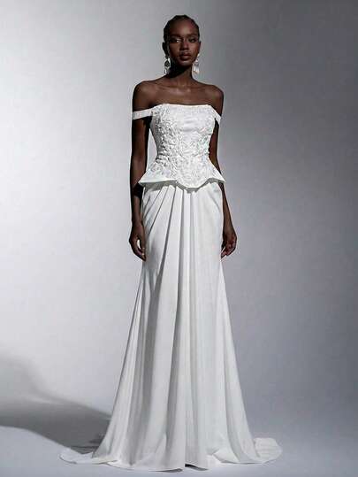 Elitara Elegante y lujoso vestido de novia con cola de sirena, estilo palaciego, hecho a mano con aplicaciones de cuentas y hombros descubiertos, adecuado para citas, bodas, alfombra roja y todos los eventos de boda, vestido de novia para Año Nuevo de mujer