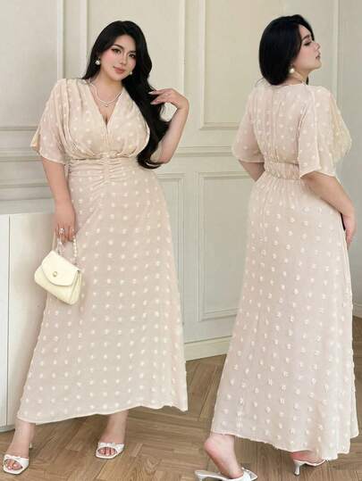 Vibekara Plus Size Women V-Neck Ruched Jacquard Elegant Waist Fit Cocktail Party Dress