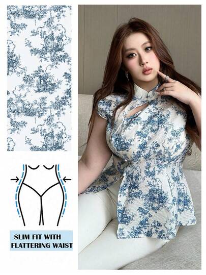 Vibekara 大码女式立领开衩下摆印花休闲日常衬衫