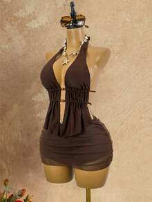 Slaydiva Áo tắm tankini hai dây cho nữ với váy ngắn lưới, đồ bơi gợi cảm cho kỳ nghỉ biển, hẹn hò, mùa xuân/hè. - màu nâu - Xem 3