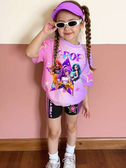 2件套女童渐变粉紫色卡通图案圆领短袖T恤和紧身骑行短裤，春夏日常休闲基础款套装