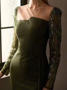 MOTF Soiréza ELEGANT OLIVE GREEN ROUND NECK LONG SLEEVE FLOOR-LENGTH PARTY DRESS FOR WOMEN, SPARKLY BEADED SHEER MESH SLEEVES, ASYMMETRIC DRAPED SIDE DETAIL - Army Green - View 4