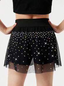 Young Girls' Black Sparkly Athletic Skirt With Colorful Rhinestones & Mesh Layer, For Casual Wear And Outdoor Sports - Black - View 2