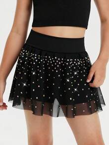 Young Girls' Black Sparkly Athletic Skirt With Colorful Rhinestones & Mesh Layer, For Casual Wear And Outdoor Sports - Black - View 3