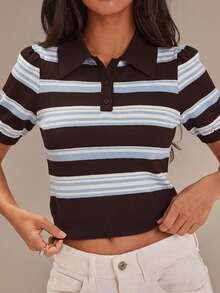 Athîral 女士条纹半拉链套头衫 - 咖啡棕 - 查看 4