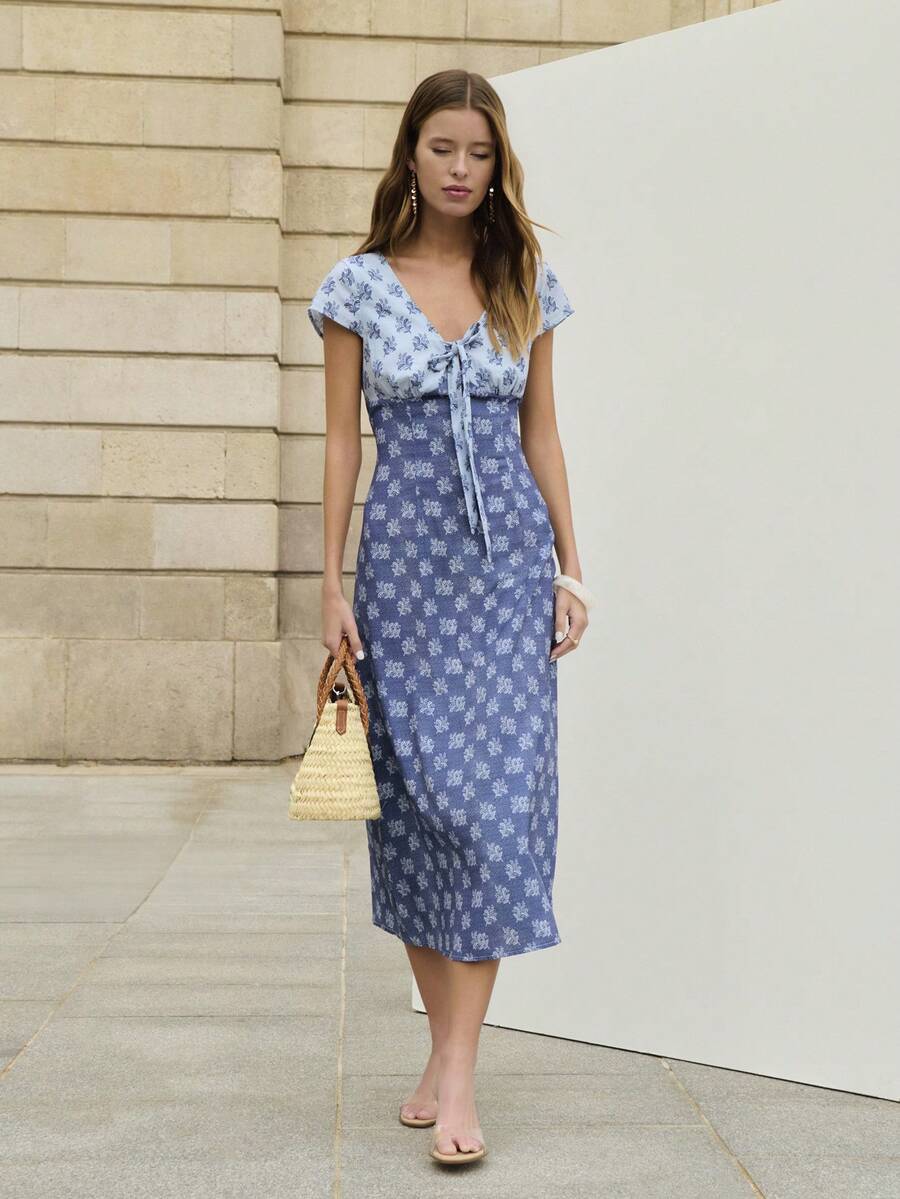 Nöista Blue Dress Features A Two-Tone Floral Print With A Flattering Tie-Front Neckline And Cap Sleeves. Daytime Events, Spring Summer, . - Blue - View 1