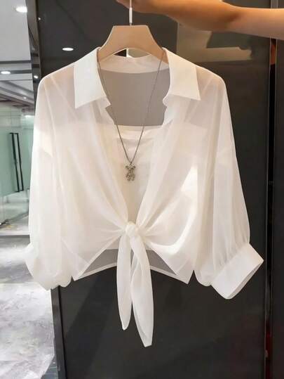 Franclia Women's Casual Solid Color Lace-Up Shirt White Tie Front Top Tie Front Blouse White Blouses Elegant Tie Up Shirt