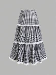 Sweetra Fashionable Casual American Preppy Style Lace Accent Tiered Flare Hem Design Women's Skirt, Spring/Summer New Arrival - Black and White - View 2