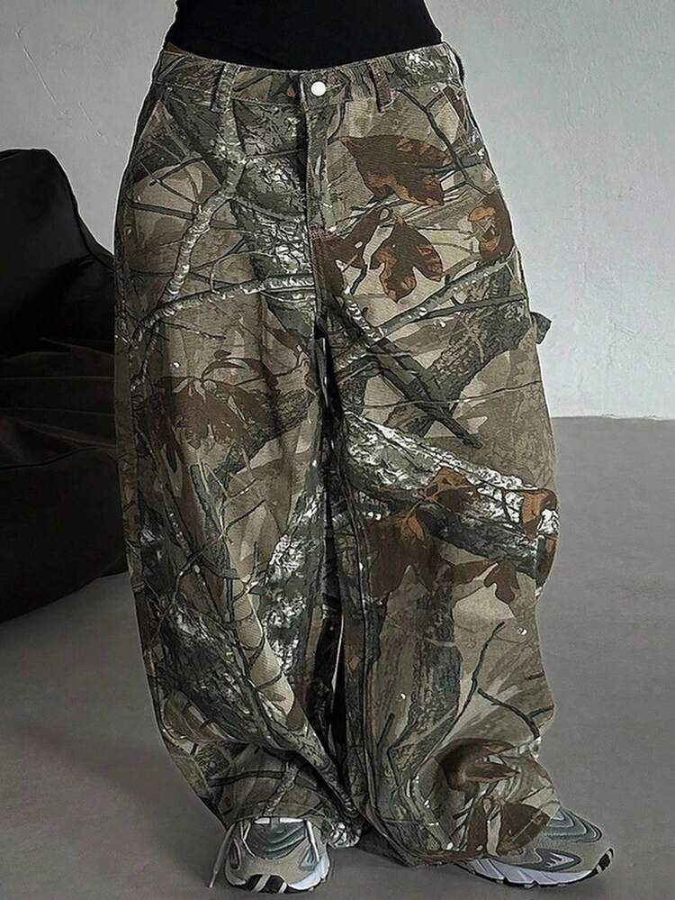 Dazy Plus Plus Size Women Loose Fit Camouflage Leaf & Branch Print Long Denim Jeans, Street Style, All Season