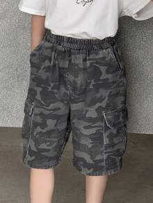 DAZY Tween Boy Elastic Waist Cargo Pocket Camouflage Shorts - Grey - View 1