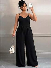 Elenzga Plus Size Women Solid Color Wide Leg Loose Casual Jumpsuit - Black - View 3