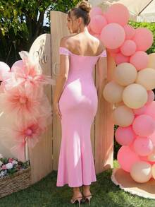 Loomaby Pregnant Women's Floral Contrast Lace Off-Shoulder Fitted Elegant Pink Summer Maternity Dress For Baby Shower Gender Reveal Pregnancy Photoshoot - Pink - View 2