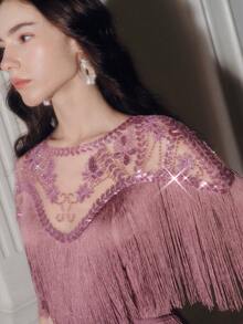 女士春夏莲花粉连衣裙，优雅亮片串珠派对礼服，时尚鸡尾酒会晚礼服 - 藕粉色 - 查看 2