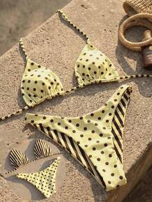 Swim Mod 2件套女士时尚可爱度假沙滩性感派对游艇波点条纹印花露背吊带双面系带三角上衣和可爱比基尼泳裤套装 - 彩色 - 查看 3