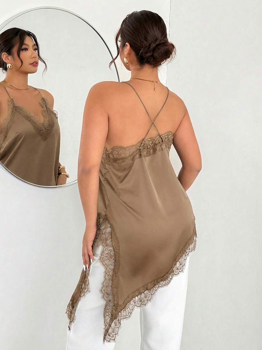 Firerie Áo hai dây cỡ lớn, thanh lịch, gợi cảm, màu trơn, viền ren, vạt bất đối xứng. - Màu Khaki - Xem 1