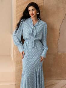 Graceveil Đầm nữ kiểu Pháp, eo cao, thắt eo - Màu xanh bụi bặm - Xem 5