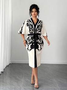 Elenzga Vestido ajustado de mujer con cuello en V, mangas de murciélago y apertura frontal, elegante y de moda - Albaricoque - Ver 3