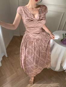 DAZY Women's Elegant Printed Draped Neck Sleeveless Top And Skirt 2-Piece Set, Summer - Brown - View 8